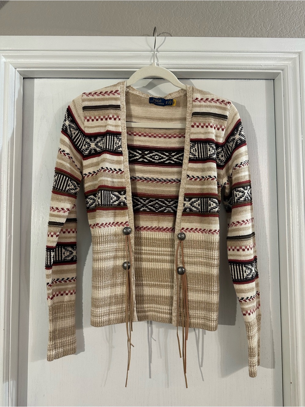 Polo by Ralph Lauren Beige Fair Isle Open Cardigan with Red & Black Accents